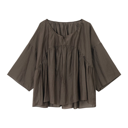 Pleated Tencel Long Sleeve Loose Pullover Shirt