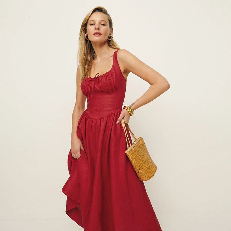 Linen white square collar pure desire style holiday style medium and long French dress