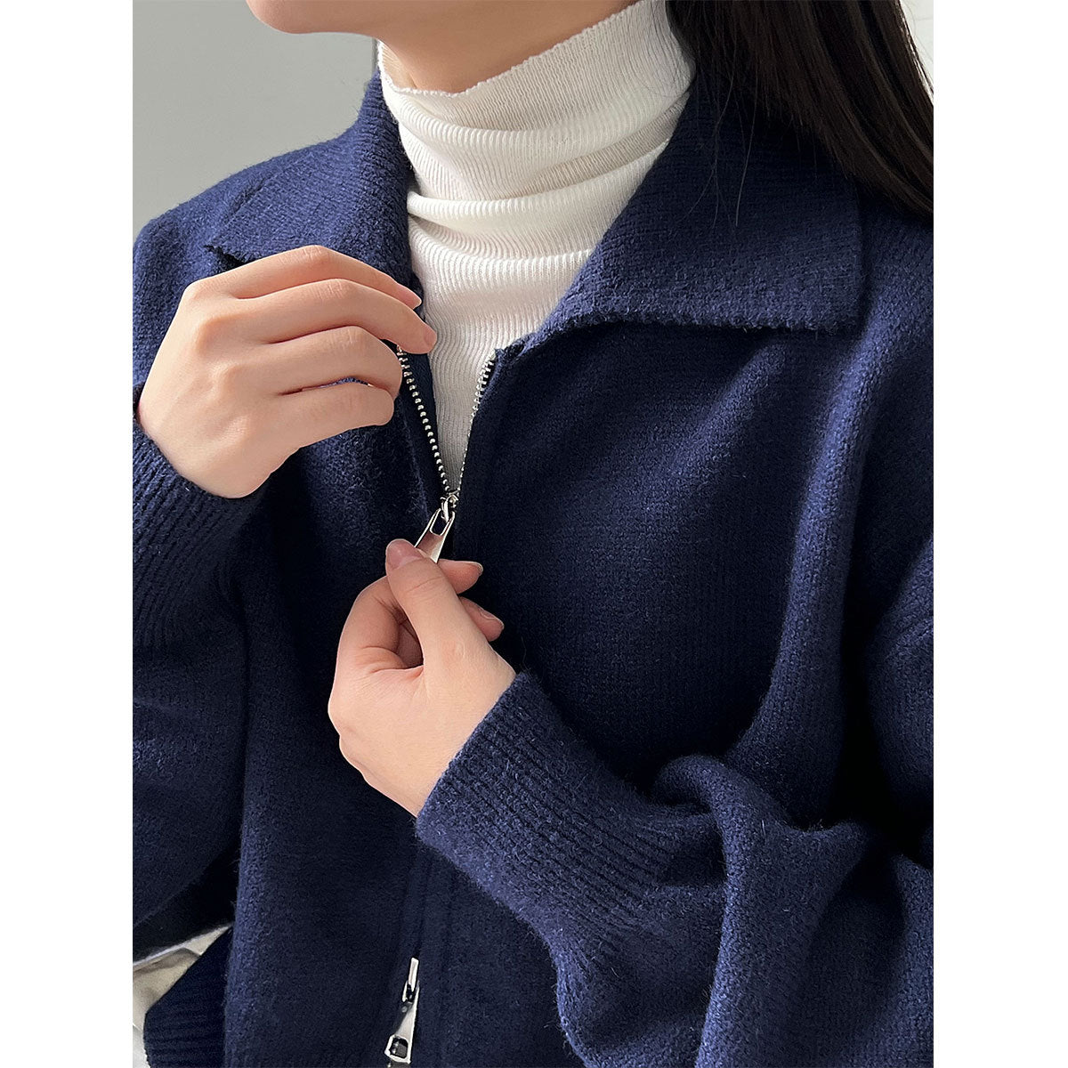 High-end short double zipper sweater jacket women's autumn knit cardigan polo lapel top