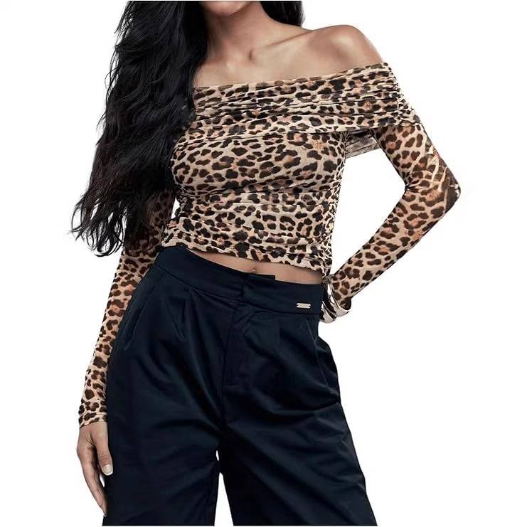 Asymmetrical Neck Long Sleeve Top Women Slim Fit Leopard Print Blouse