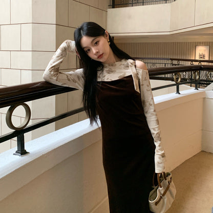 Vintage fashion slanted shoulder lace-up floral long-sleeved base shirt