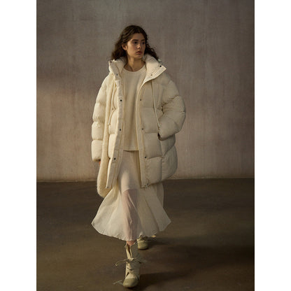 Classic Puff Hooded Warm Cocoon Loose Medium Length 90 White Duck Down Jacket