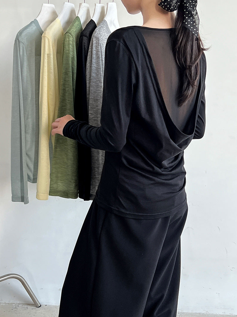 Slightly transparent backless swing collar long-sleeved T-shirt for women