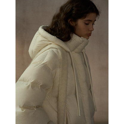 Classic Puff Hooded Warm Cocoon Loose Medium Length 90 White Duck Down Jacket