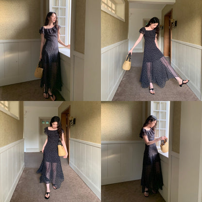 Summer French chiffon temperament polka dot long dress ruffle edge slanted shoulder dress