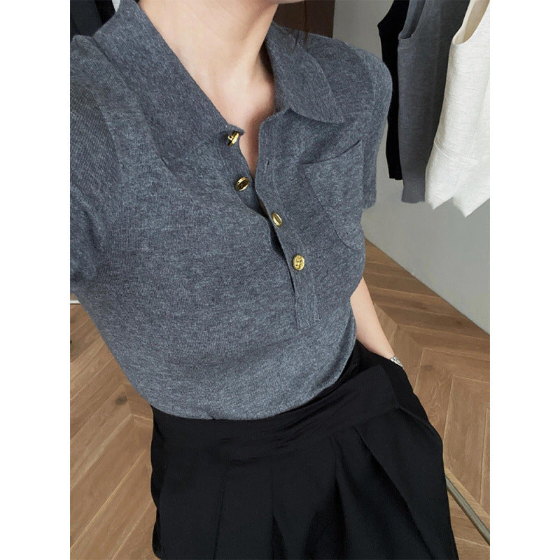 Polo Collar Short Sleeve T-Shirt Women Slim Fit Knitted Ice Silk Top