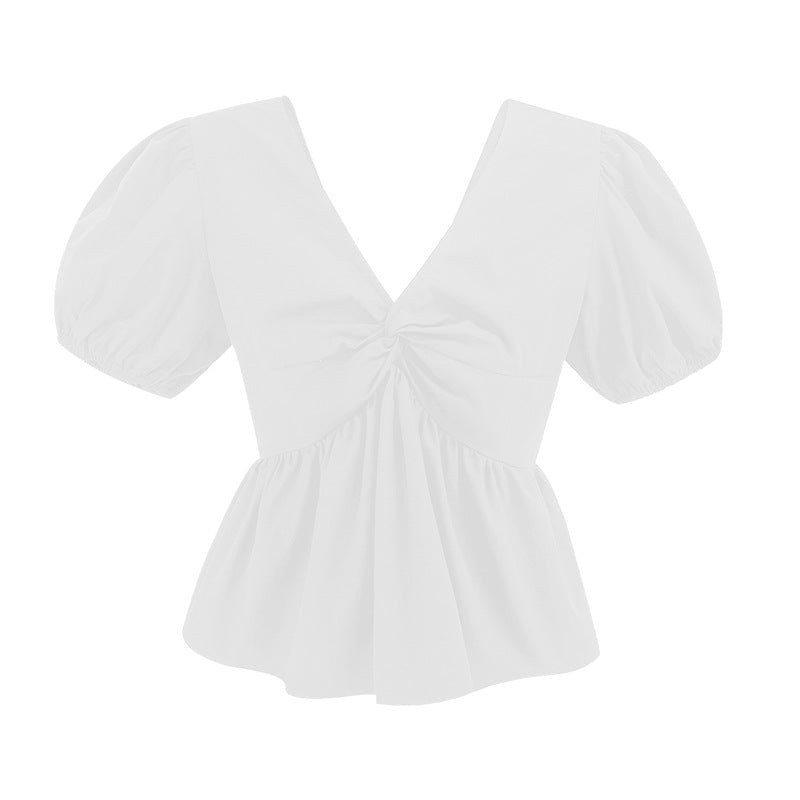 Summer French sweet waist and age-reducing V-neck thin shirt