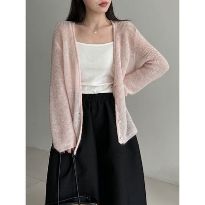 Korean gentle lazy wind wool cardigan women's 26 spring V-neck mohair knitted sweater jacket