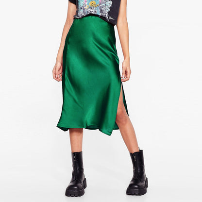 Acetate satin skirt elastic high waist solid color split mid-length skirt