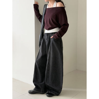 Korean style patchwork mock two-piece halter neck long sleeve t-shirt - women's autumn new design, elegant off-shoulder top