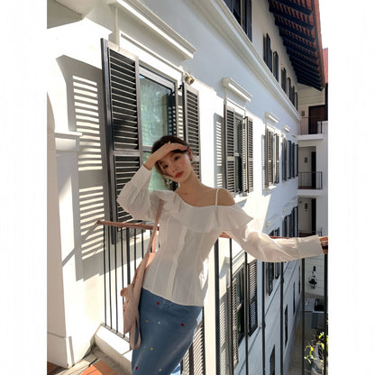 Temperament ruffle edge long-sleeved off-shoulder shirt