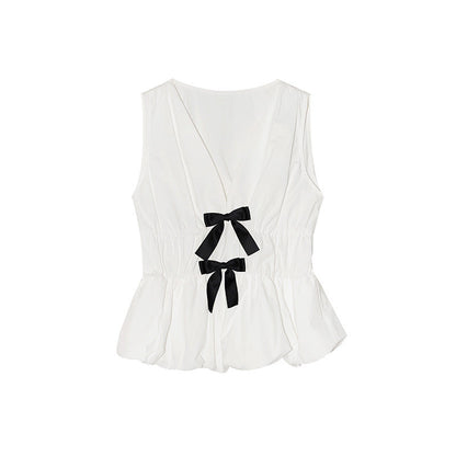 Cute bow age-reducing waist v-neck sleeveless top