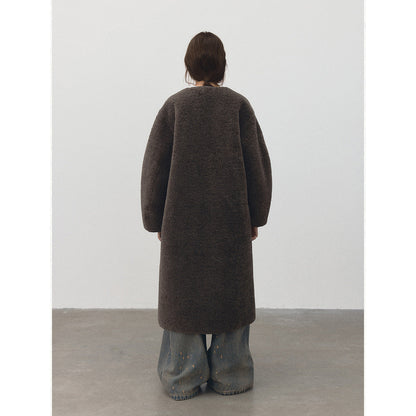 Winter new casual round neck single-breasted teddy fur integrated long plush jacket