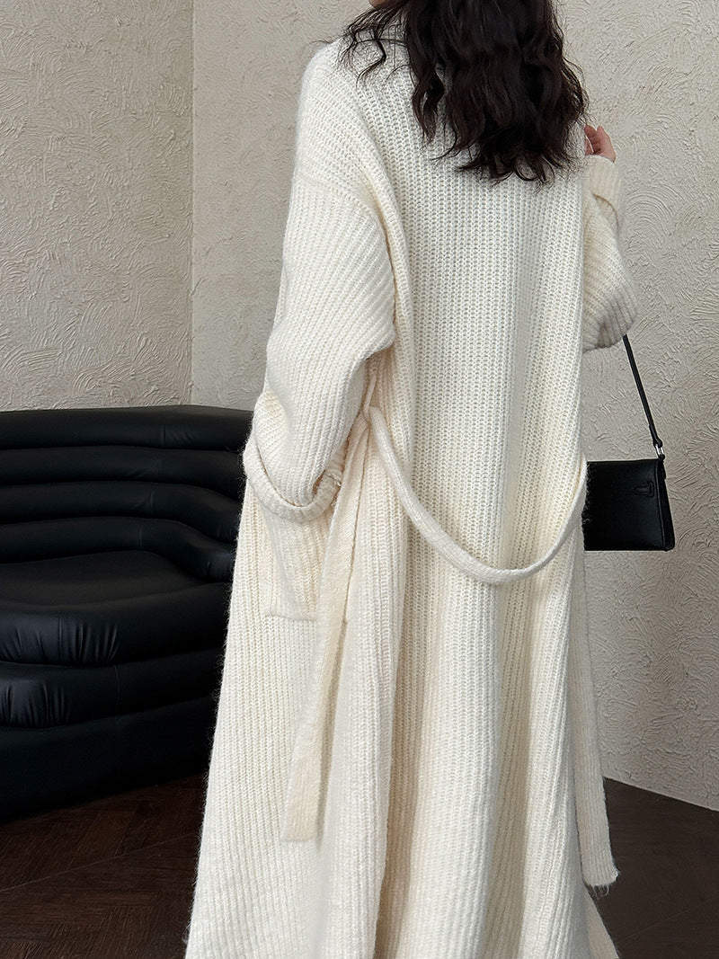 Korean style oversized knit cardigan with wide lapel - new autumn collection, soft and cozy wool blend, relaxed fit long coat
