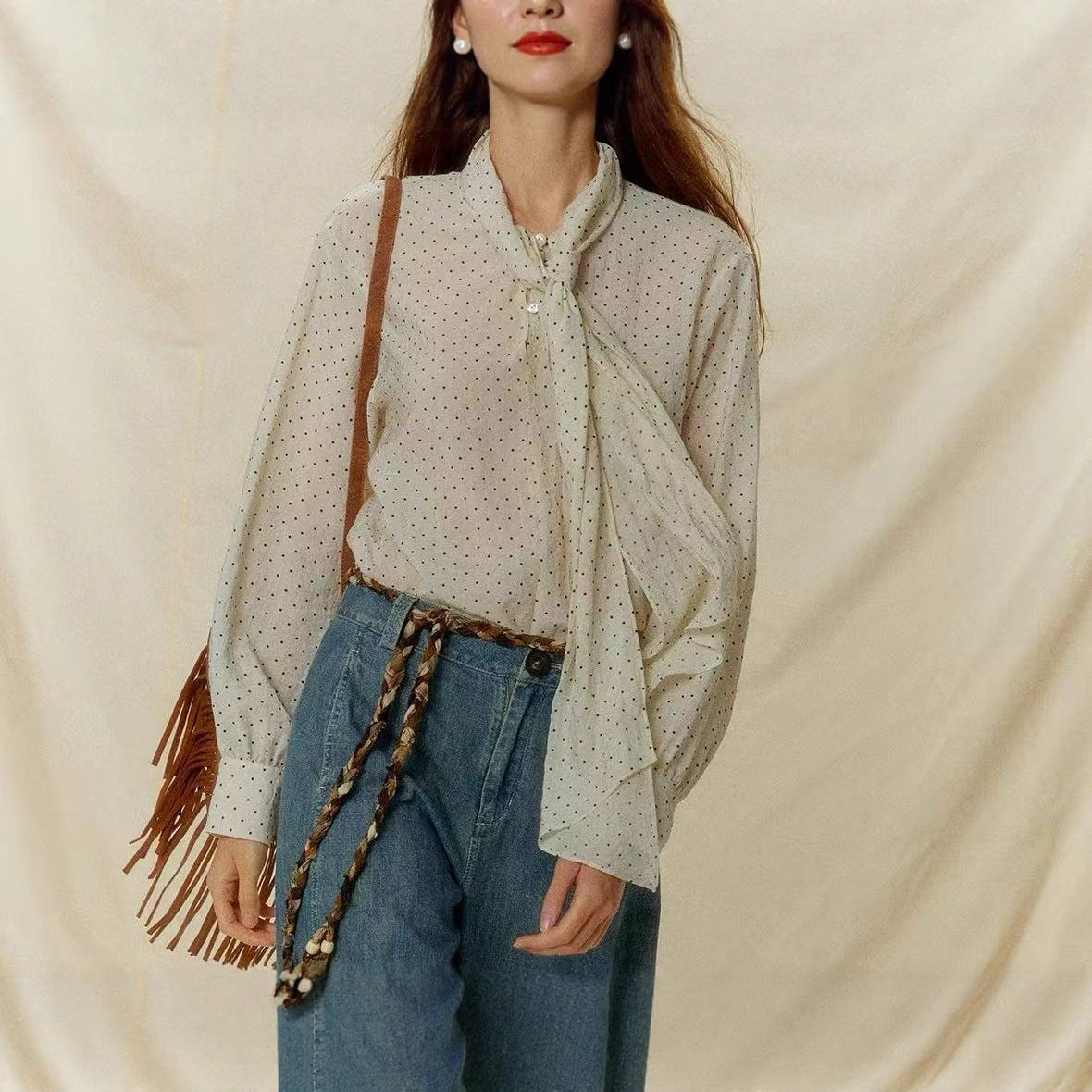 Europe, America and the United States autumn new French temperament classic polka dot streamer double wearing loose long-sleeved shirt