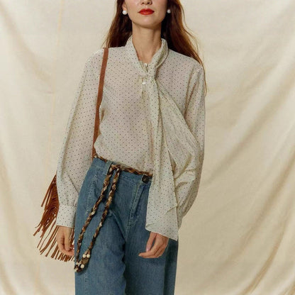 Europe, America and the United States autumn new French temperament classic polka dot streamer double wearing loose long-sleeved shirt