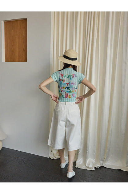 High Elasticity Fun Printing Flesh Cover Skinny Shoulder Short Sleeves