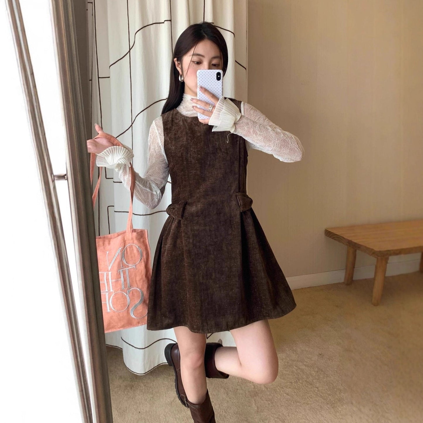 Sweet vintage velvet double bow waist vest dress