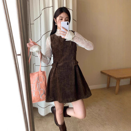 Sweet vintage velvet double bow waist vest dress