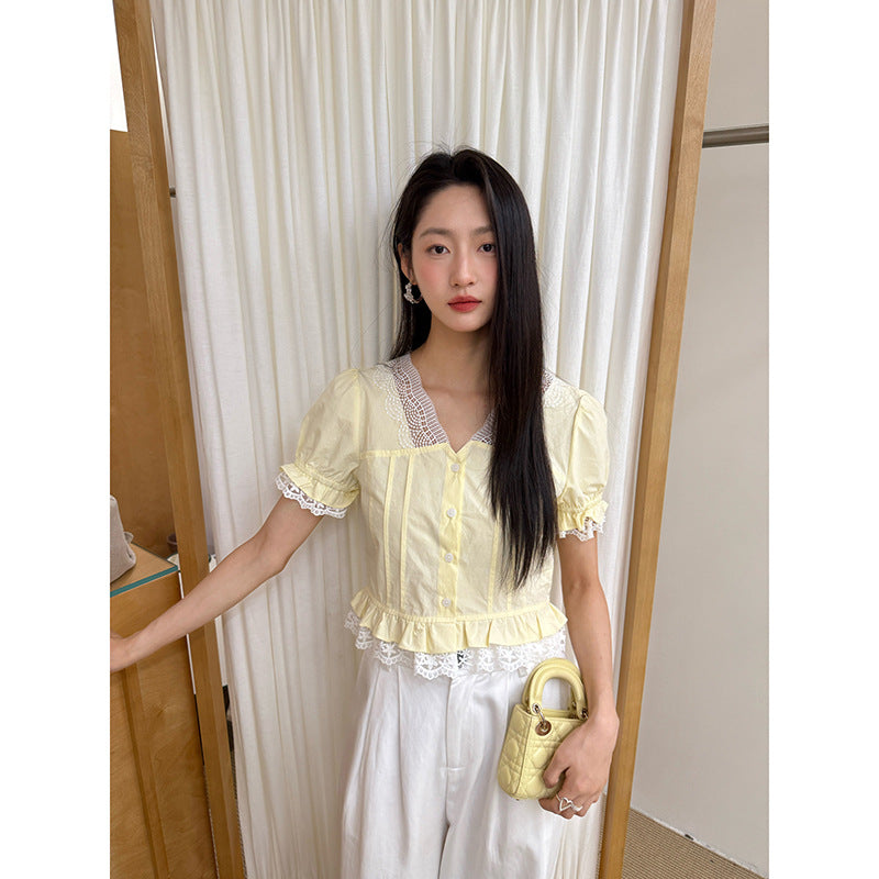Small shirt lace edge splicing short sleeve shirt