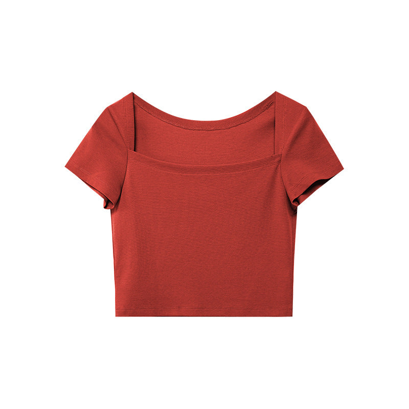 Square Neck French Tights Open Button Short Sleeve T-Shirt
