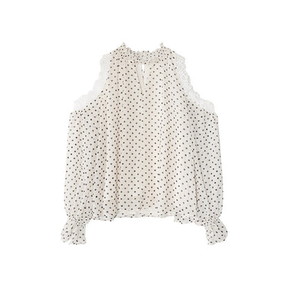 Lace polka dot flared sleeve neck off-the-shoulder shirt