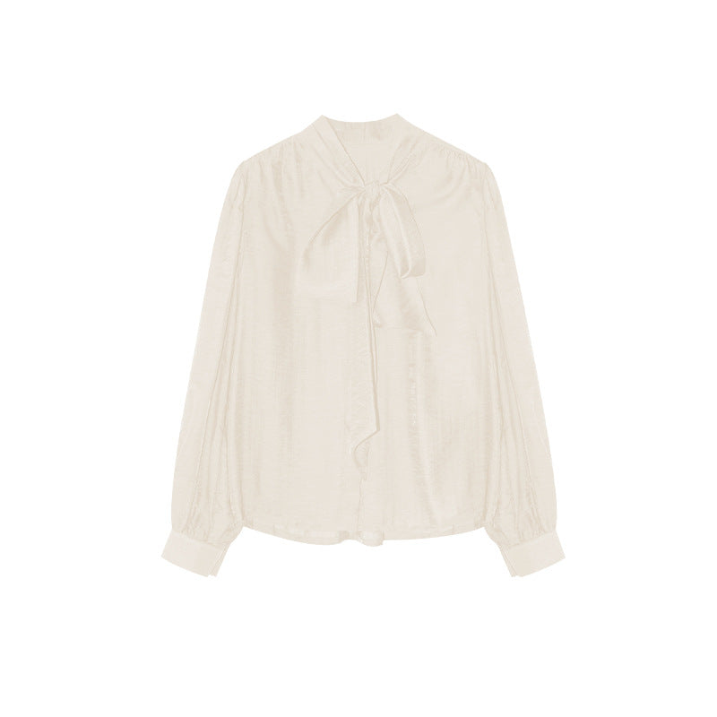 Temperament Tencel cotton tie-up collar long-sleeved bow shirt