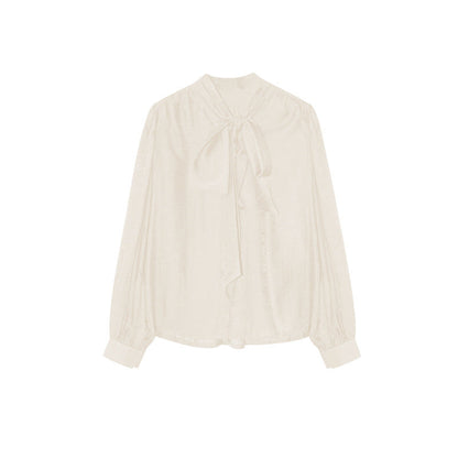 Temperament Tencel cotton tie-up collar long-sleeved bow shirt