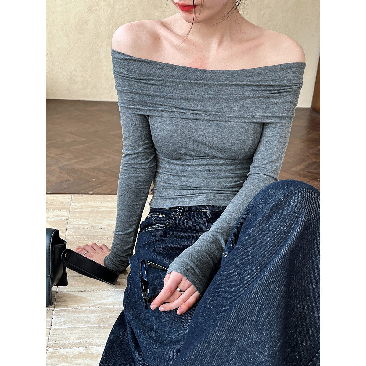 Pure desire Spice Girl design sense one-word shoulder long-sleeved T-shirt women's new off-the-shoulder sexy slim-fit bottoming shirt