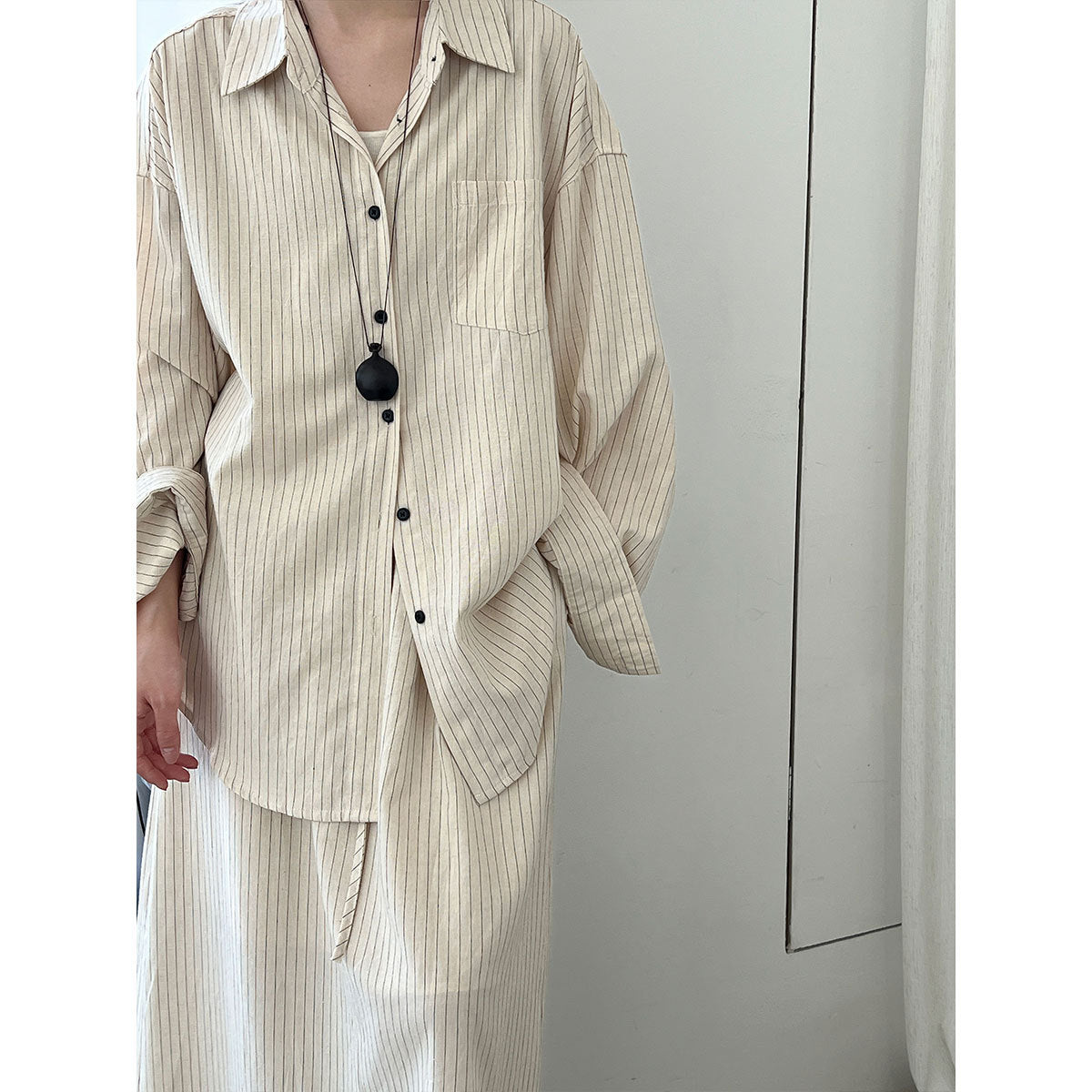 cotton and linen striped shirt + skirt of the same color