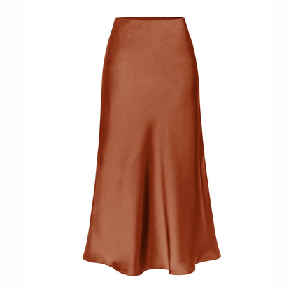 Acetate satin skirt elastic high waist solid color split mid-length skirt