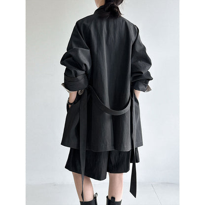 British style stand-up collar silhouette cargo jacket women's autumn new lace-up midi casual trench coat