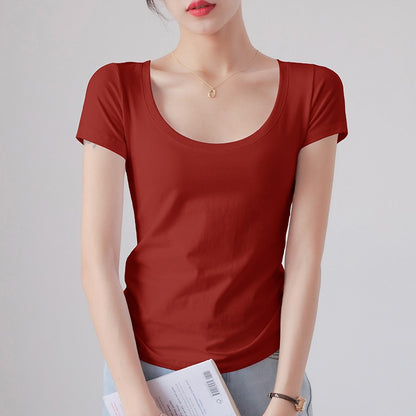 Round Neck Short Sleeve T-Shirt Women Slim Fit Cotton Base Layer Top