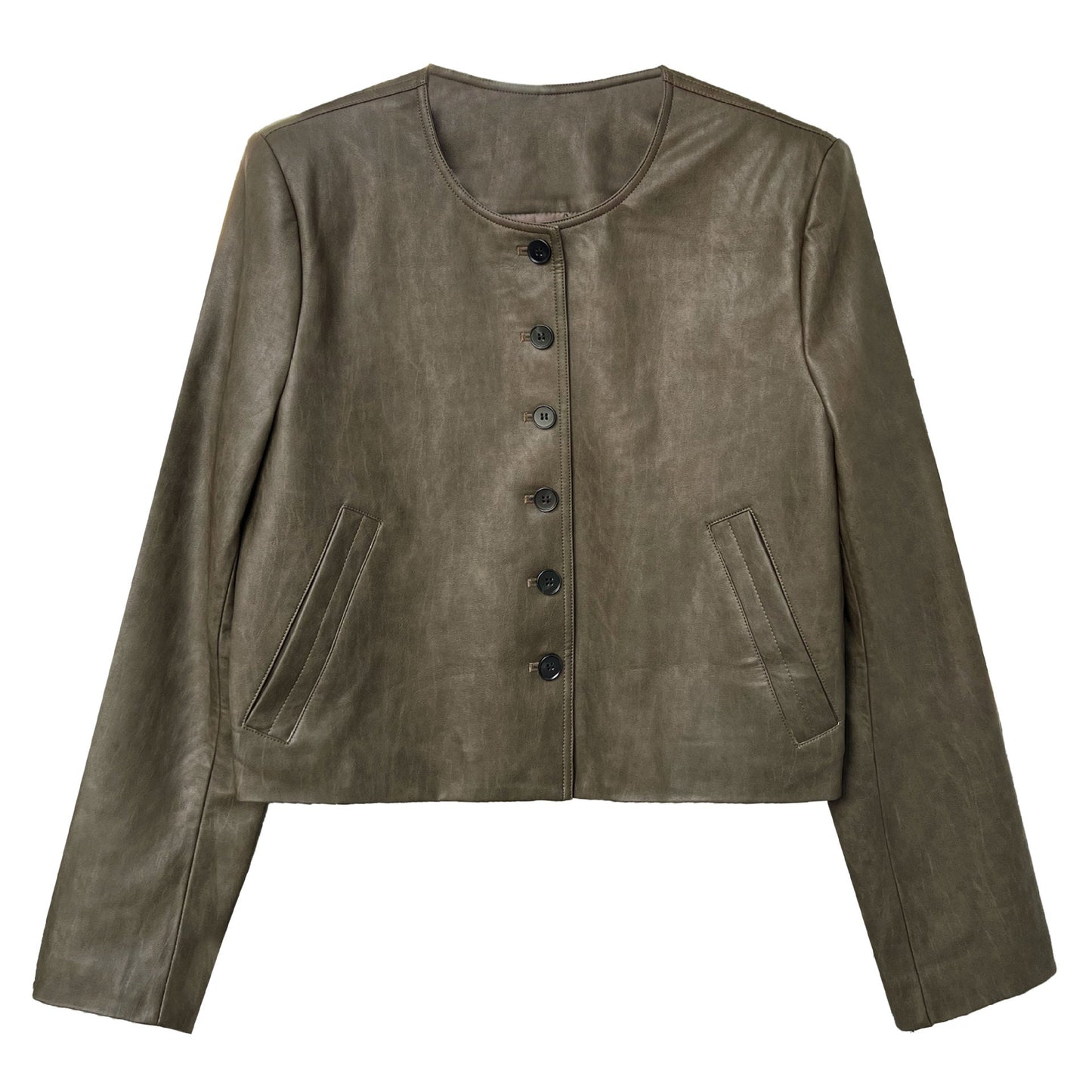 Autumn retro old Hong Kong style round neck PU leather jacket women's coffee green single-breasted jacket top