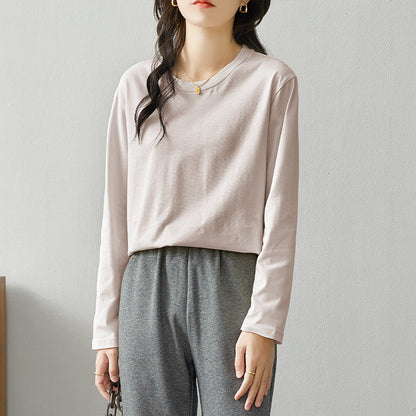 Pure Cotton Long Sleeve T-Shirt Women Round Neck Base Layer Casual Top