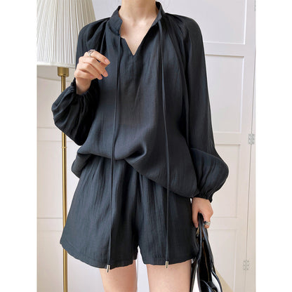 Summer fashion sports and leisure lace-up long-sleeved sunscreen + wide-leg shorts set two-piece set