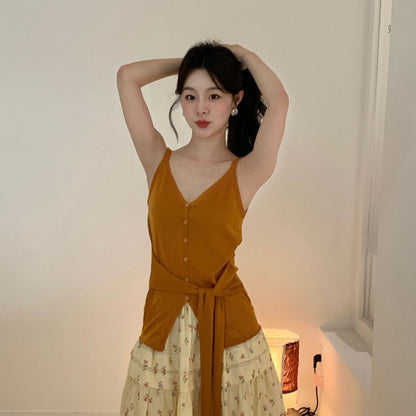 French Lazy Temperament V-Neck Lyocell Waist Strap Sling