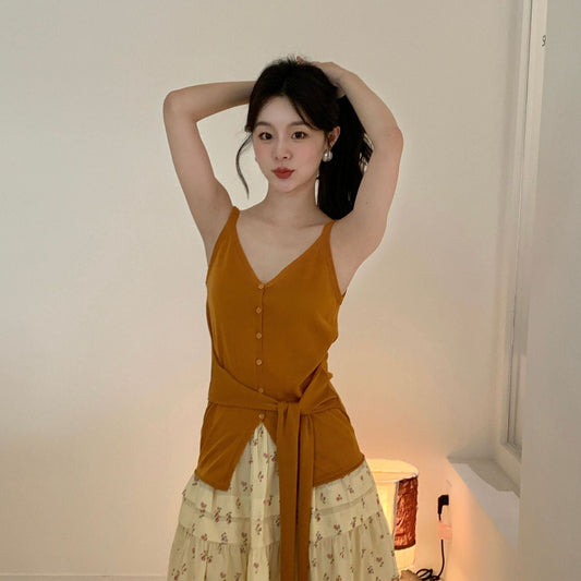 French Lazy Temperament V-Neck Lyocell Waist Strap Sling