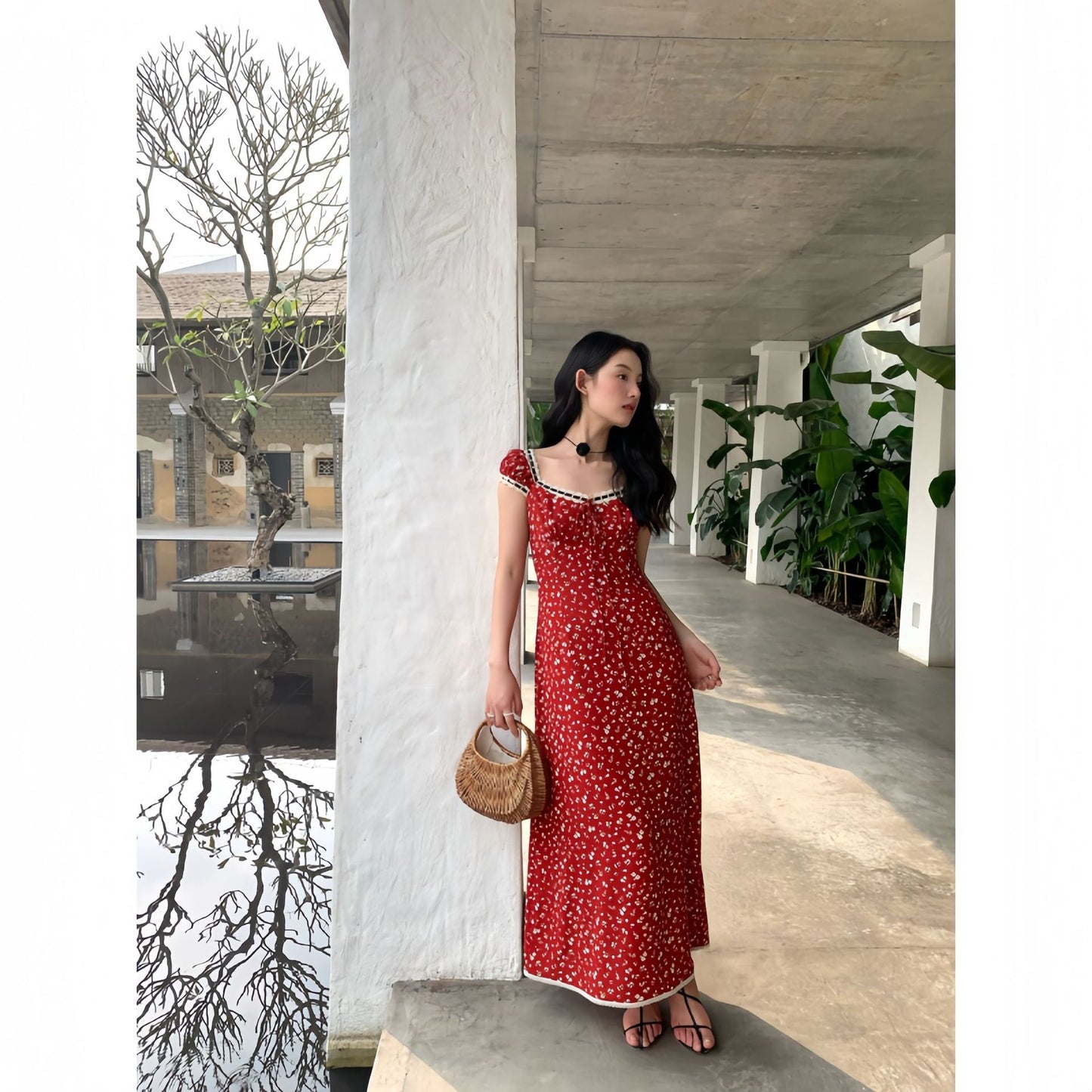 Summer retro Chinese temperament waist short-sleeved floral dress