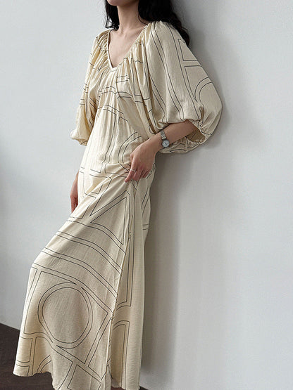 Korean puff sleeve resort style V-neck backless strap skirt summer new puff sleeve dress