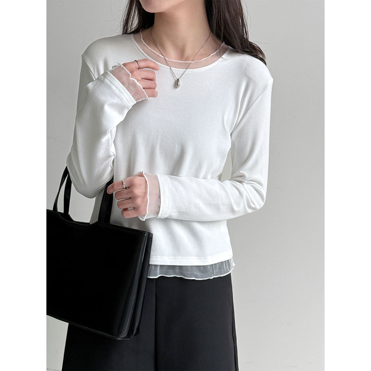 Korean fake two-piece lace-edged inner top women's early spring fungus-edged polished bottoming shirt