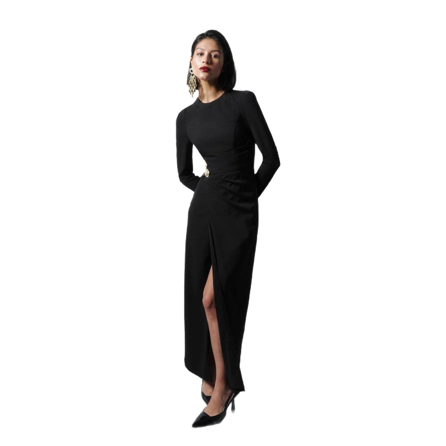 Fashion, sexy and elegant long-sleeved dress, temperament, slim-fitting waist, pleated and split autumn and winter dress