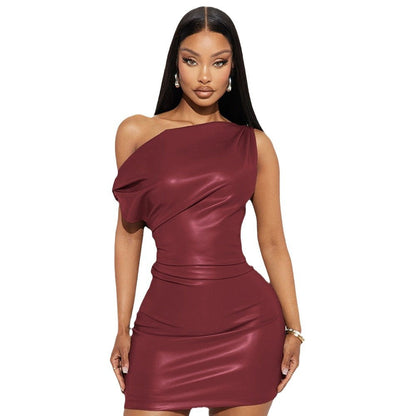 One-Shoulder PU Leather Mini Dress