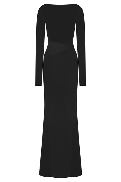 Fashion long-sleeved one-word collar split-ended long dress hollow perspective sexy dress