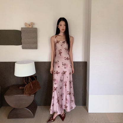 Slimming satin print slip dress