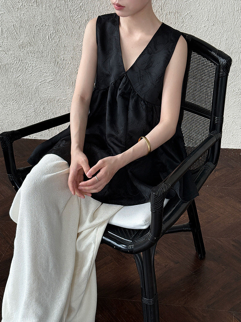 Heavy Industry Satin Jacquard V-Neck Vest Shirt Women's Summer New Korean Premium Sleeveless Top 9762