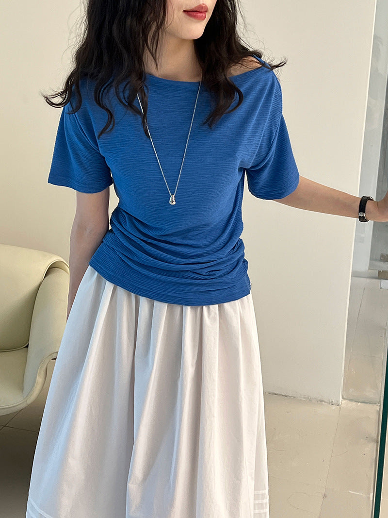 Korean high-end sense one-word shoulder exposed collarbone short-sleeved summer new with belt and thin T-shirt