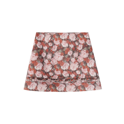 Romantic and sweet girly rose print A-line skirt