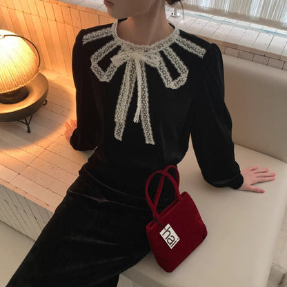 Vintage Lace Design Sense Long Sleeve Crew Neck Velvet Sweater