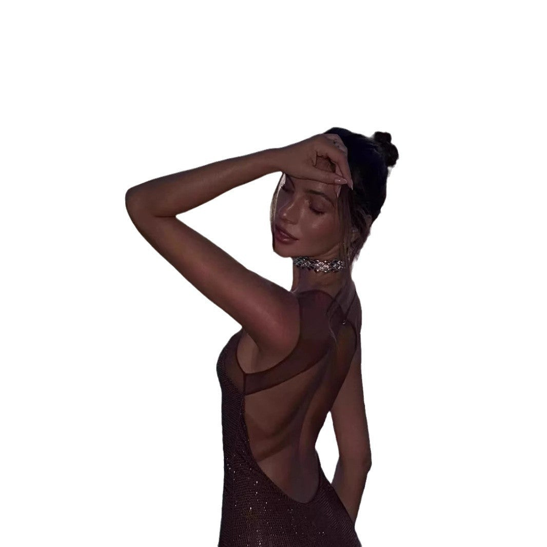 Rhinestone Embellished Halter Bodycon Maxi Dress